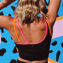 Load image into Gallery viewer, Bold One Shoulder Sports Bra- Black w/ Neon Pink and Orange