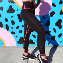 Load image into Gallery viewer, Bold High Waist Leggings- Black w/ Neon Pink and Orange