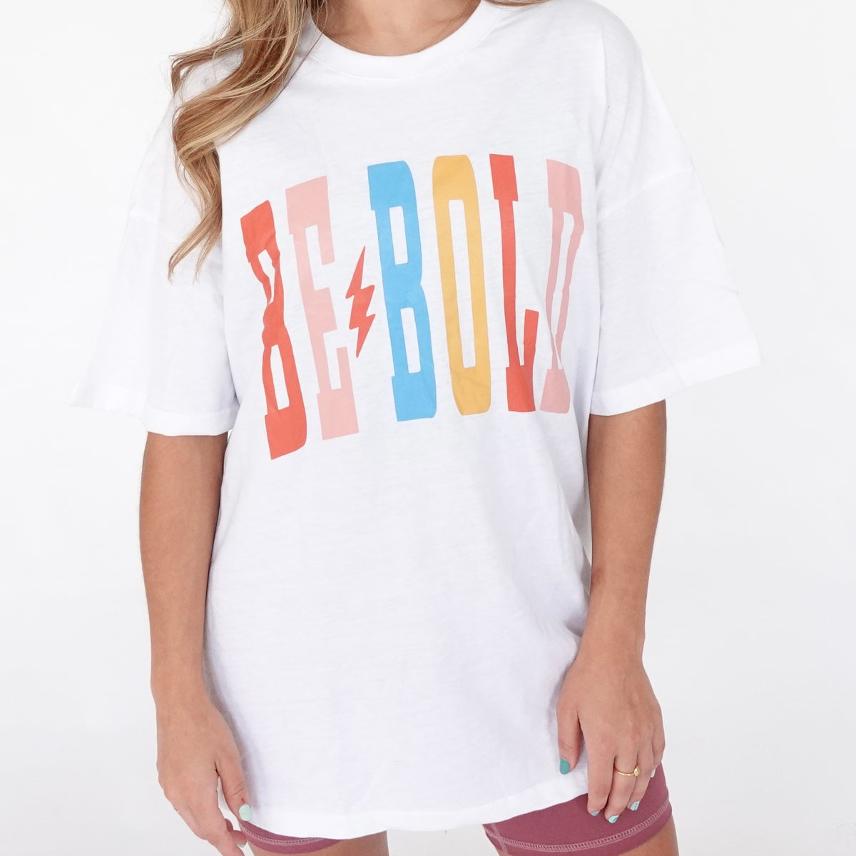 Be Bold Oversized T-Shirt (White with Rainbow Be Bold) – Create Boldly