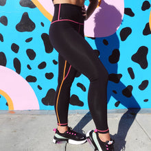 Load image into Gallery viewer, Bold High Waist Leggings- Black w/ Neon Pink and Orange
